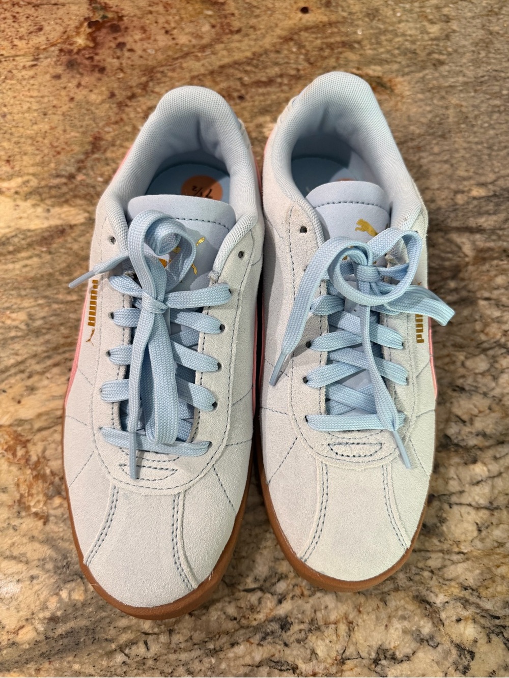 Puma Light Blue Suede Low-Top Sneakers with Gum Sole and Pink Accent